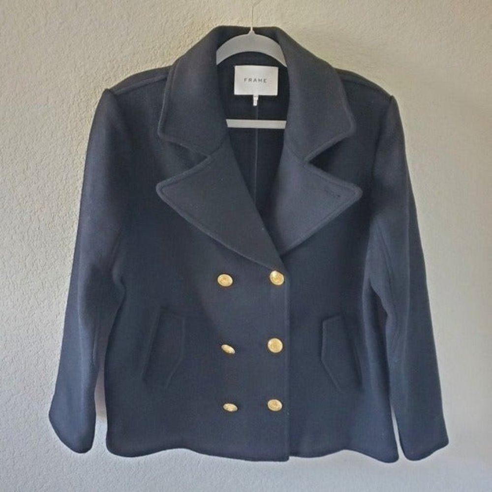 FRAME noir double breasted embossed gold buttons wool blazer